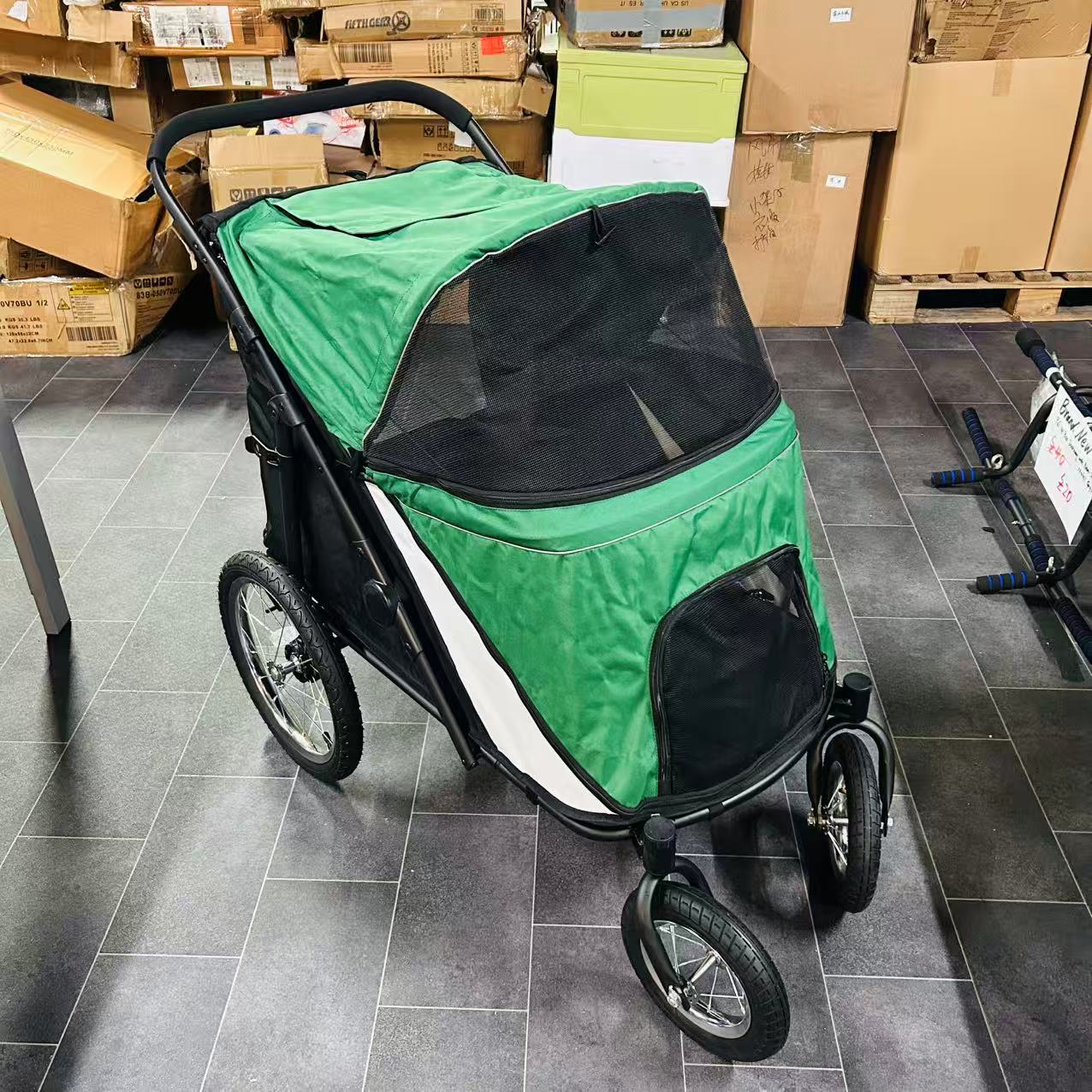 Foldable Pet Stroller, with Washable Cushion, Storage Bags, Safety Leash, for Medium, Large Dogs, Cats - Green