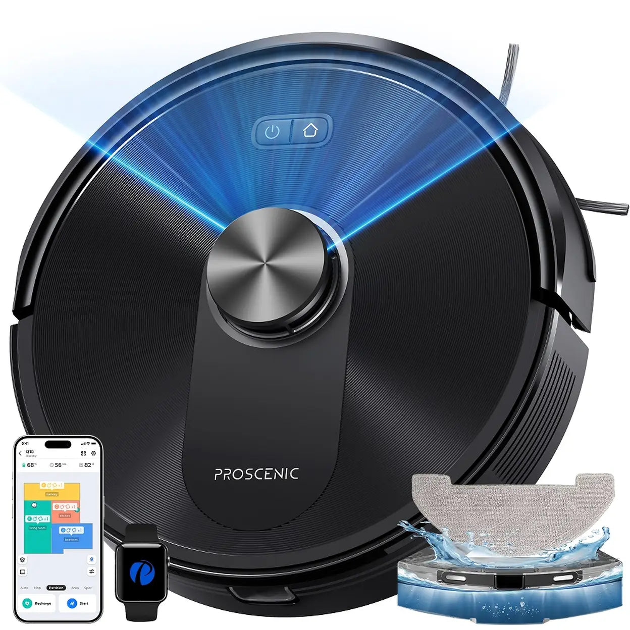 Proscenic Q1O Robot Vacuum Cleaner with Mop, 8000Pa Stong Suction, Lidar Navigation Robotic Vacuum, Robot Hoover 200Mins Runtime, Self-Charging, WiFi/Alexa/APP/iWatch Control, for Hard Floors Carpets UK