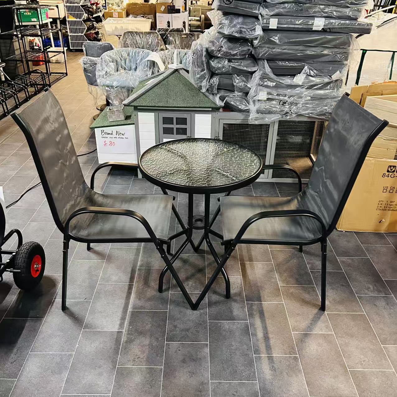 3 Piece Outdoor Bistro Set, Patio Conversation Furniture Set with 2 Folding Backrest Adjustable Armchairs and Glass Top Coffee Table, Grey