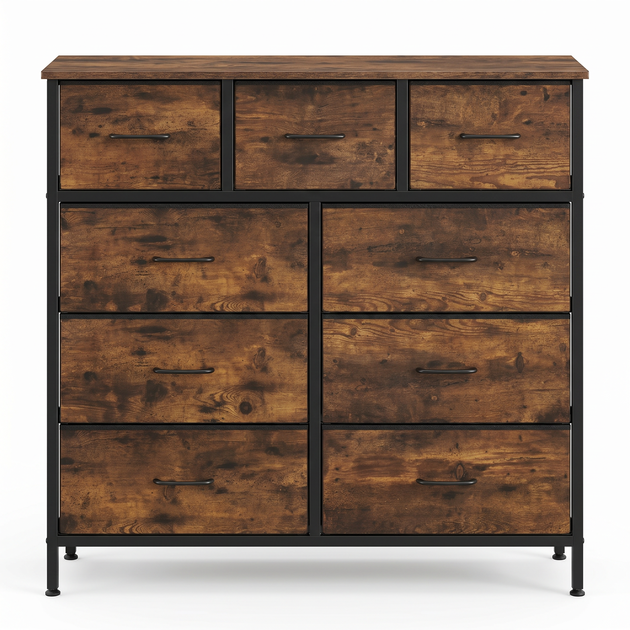 TOYTAKE2 Industrial 9 Drawer Chest of Drawers | Wooden Storage Cabinet | Rustic Dresser | Steel Frame Bedroom Storage Unit | Brown & Black
