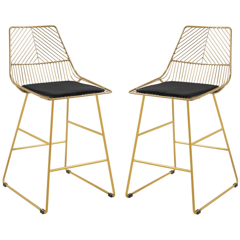Set of 2 Bar Stools, Modern Counter Height Breakfast Bar Chairs with Wire Metal Frame for Kitchen, Dining Room, Gold