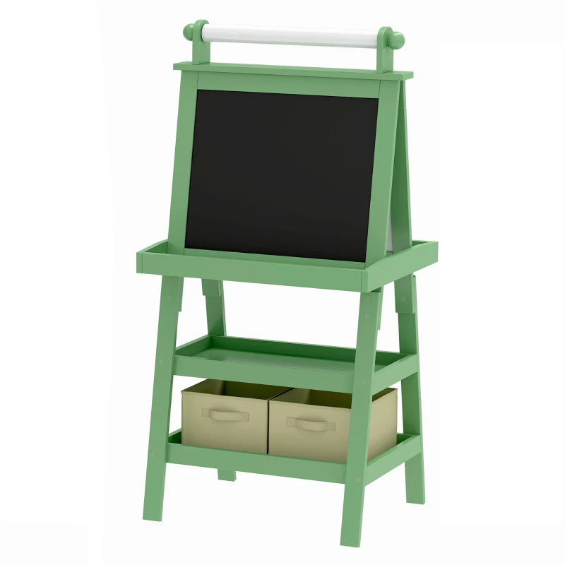 3 in 1 Kids Easel Double-Sided Magnetic Whiteboard and Chalkboard with Paper Roll, Storage Baskets - Green