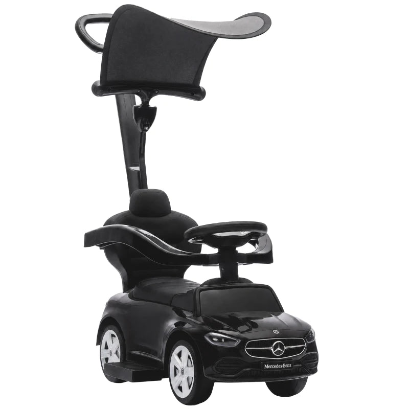 4 in 1 Licensed Benz Ride on Push Car with Handle, Canopy, Guardrails, Horn, Music, Storage for 12-36 Months, Black