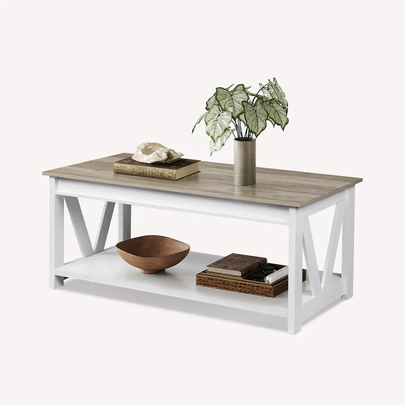 WLIVE Rectangle Farmhouse Wood Coffee Table with Storage Shelf