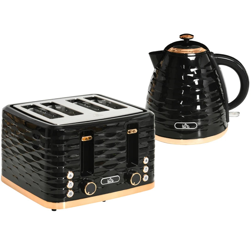 HOMCOM Kettle and Toaster Sets, 3000W 1.7L Rapid Boil Kettle & 4 Slice Toaster with 7 Browning Controls, Defrost, Reheat and Crumb Tray, UK Otter thermostat, Black