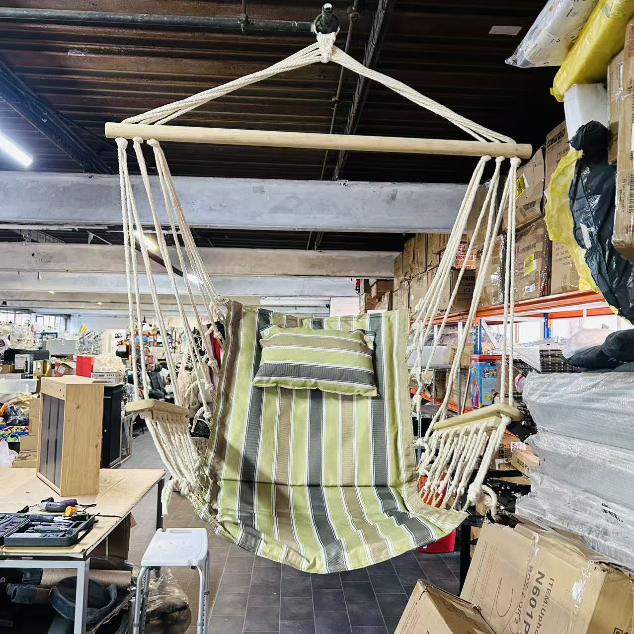 Garden Outdoor Hanging Hammock Chair Thick Rope Frame Wooden Arms Safe Wide Seat Garden Outdoor Spot Stylish Multicoloured stripes
