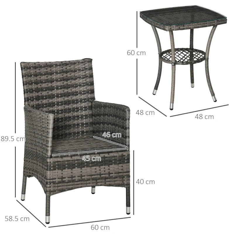 2 Pieces Rattan Bistro Set, Wicker Garden Furniture Set with 2-Tier Coffee Table and Chairs, Washable Cushions, for Outdoor Patio Balcony, Mixed Grey
