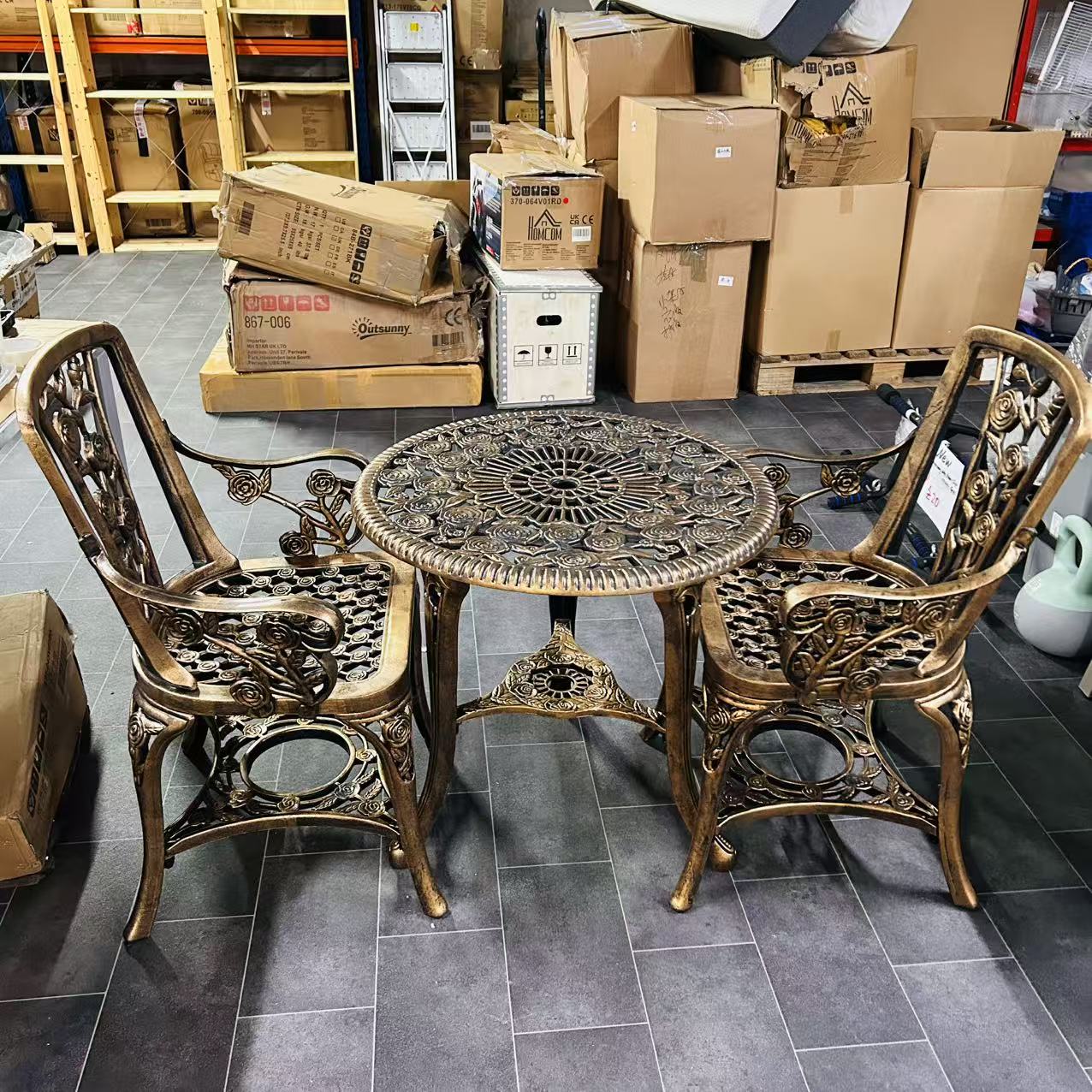 3 Piece Cast Aluminium Garden Bistro Set for 2 with Parasol Hole, Outdoor Coffee Table Set, Two Armless Chairs and Round Coffee Table for Balcony, Patio, Bronze