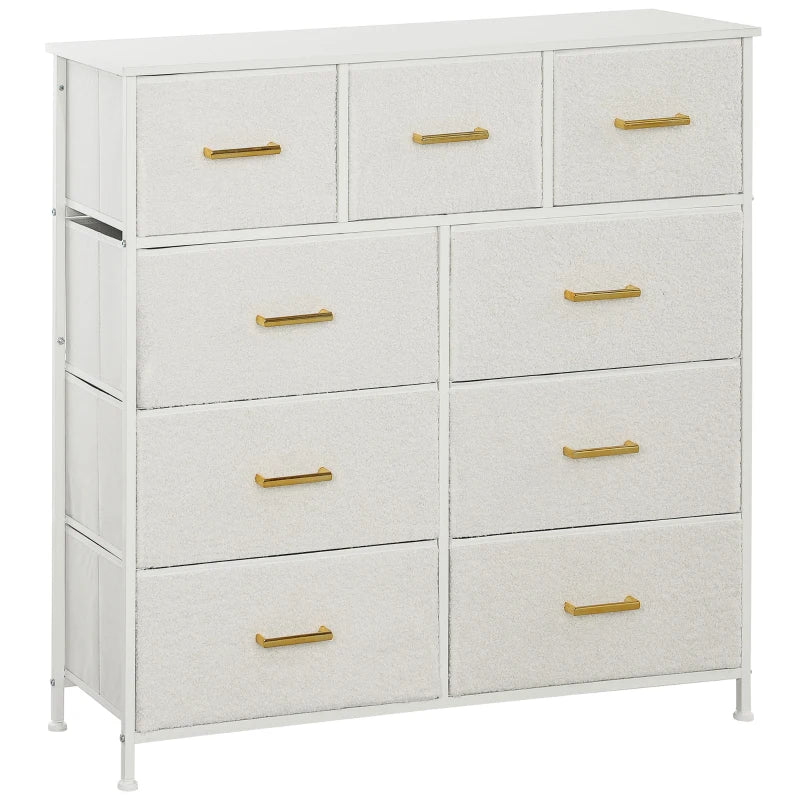 HOMCOM Chest of Drawers with 9 Fabric Drawers, Boucle Storage Organiser with Steel Frame, Fabric Dresser for Bedroom, Living Room, Hallway, Cream White
