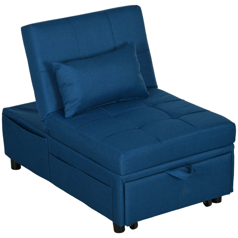 HOMCOM Convertible Chair Bed with Padding Seat, 4-in-1 Multi-Functional Sleeper Sofa Bed, Recliner with Adjustable Backrest, Side Pocket, Wheels and Pillow, for Living Room, Blue 839-858V70BU
