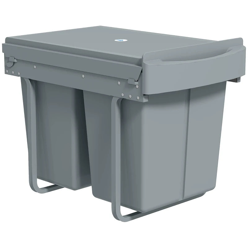 HOMCOM Pull Out Bin with Smooth Glide and Frosted Storage Lid, Kitchen Under Sink Bin with 2 Removable Compartments and Handle for Waste and Recycling, 40L (20L+20L), Gre