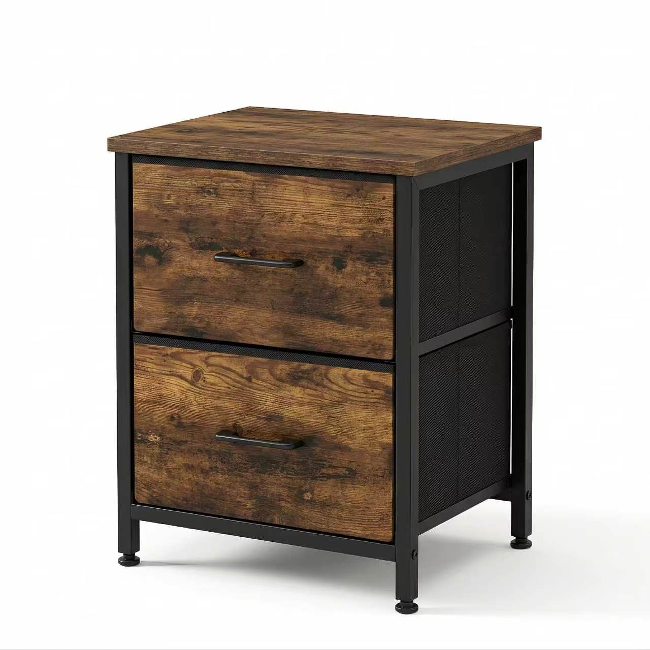 TOYTAKE2 Industrial 2-Drawer Nightstand | Wooden Bedside Table | Bedroom Storage Cabinet | Rustic Brown & Black