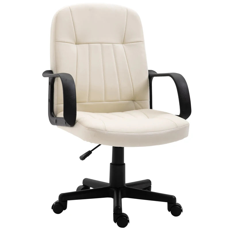HOMCOM Desk Chair, PU Leather Computer Office Chair with Adjustable Height, Swivel Wheels for Home Work Study, Cream White